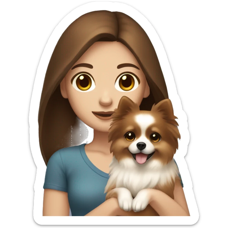 Straight brown hair girl with brown eyes with white skin holding a pomeranian sticker