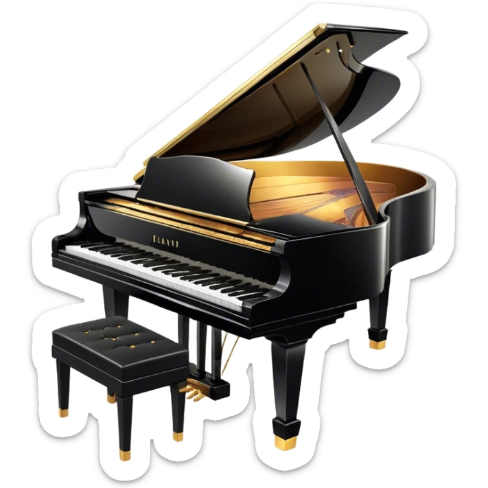 Cinematic Realistic Piano, glossy black grand piano with elegantly curved edges, pristine white and black keys, soft golden light reflecting off its polished surface, faint reflections of a musician’s hands, glowing with refined elegance and musical depth. sticker