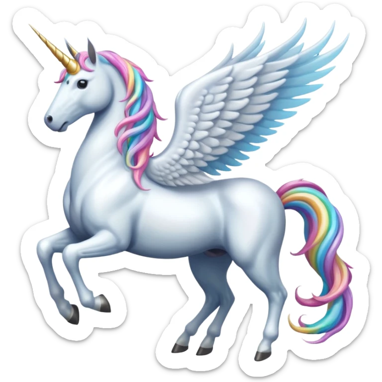 Cinematic Noble Unicorn with wings, slender with a flowing mane and tail and spiraled horn sticker