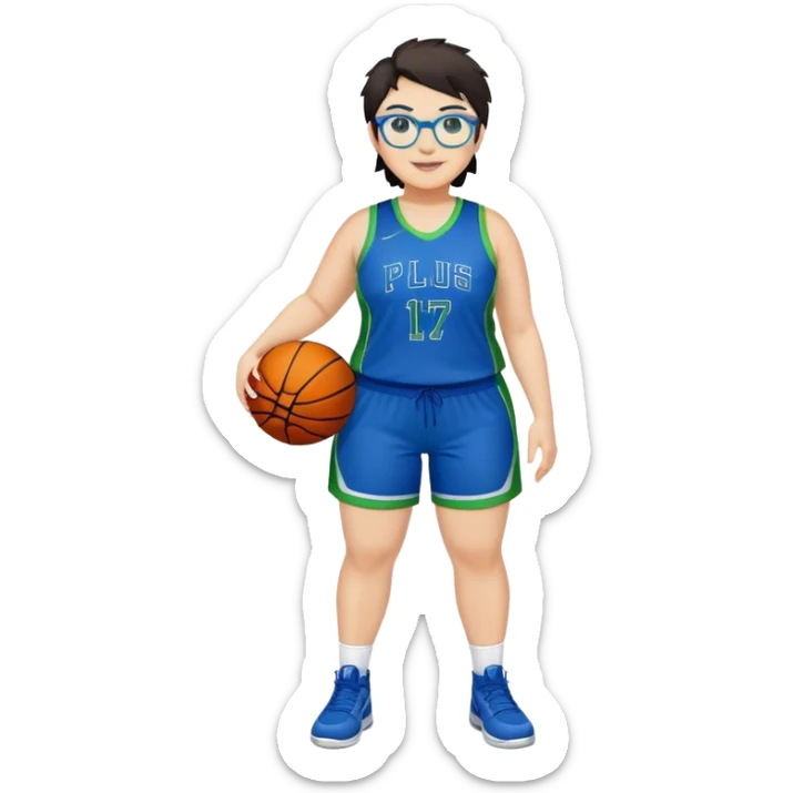 Full Body plus size white female basketball player with short dark hair with highlights spike hair wearing blue glasses  wearing blue green uniform smiling sticker