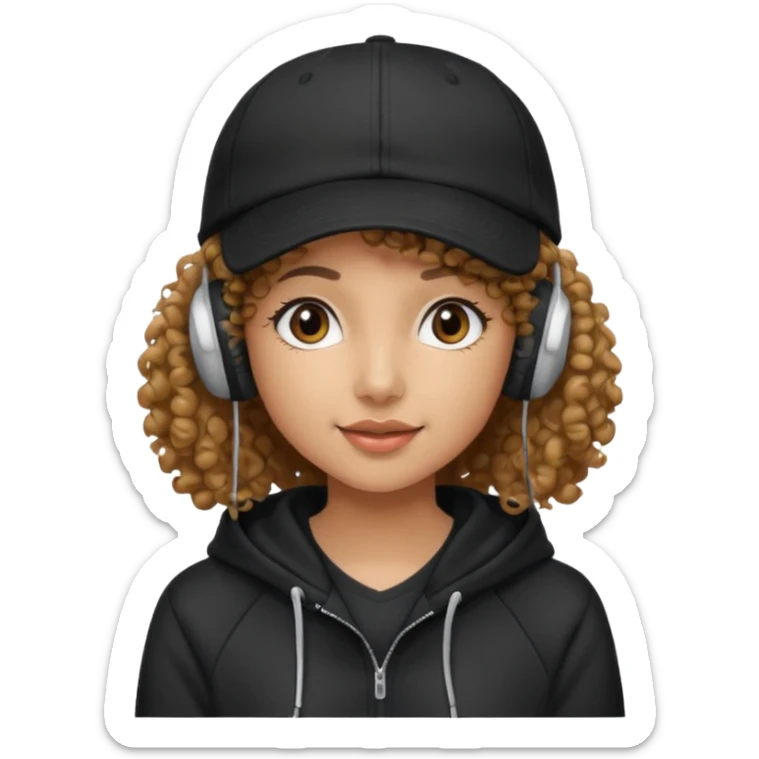 curly haired with headphones in and hoddie girls with cap sticker