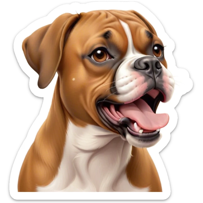 Cinematic Cute Yawning Fawn Boxer dog Portrait Emoji, Head tilted slightly with a dramatic, wide-open yawn, showcasing a short fawn Fur with a crisp white muzzle and chest, floppy ears slightly drooping, round brown eyes barely open in drowsy contentment, Simplified yet irresistibly adorable features, highly detailed, glowing with a soft, cozy glow, high shine, relaxed yet expressive, stylized with a touch of whimsy, bright and endearing, soft glowing outline, capturing the essence of a sleepy yet affectionate guardian, so drowsy it feels like it could stretch right out of the screen and curl up for a nap! sticker