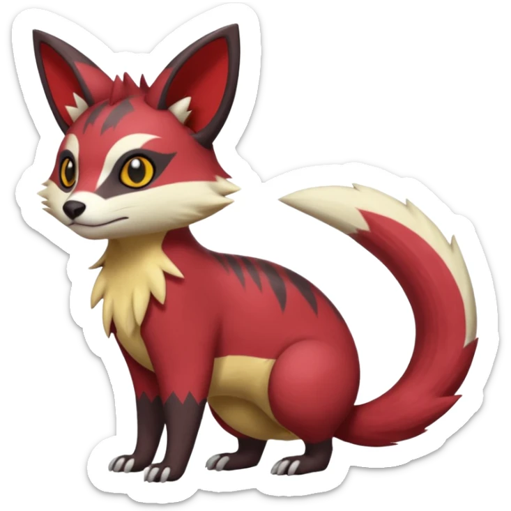Red, brown, black, white, yellow, Zangoose-Cacomistl-Genet-Civet-Rattata-Skitty-Noibat-Purrloin-Fakemon-hybrid-creature (full body) sticker