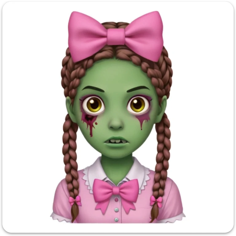 Garota zumbi com pele verde, tranças castanhas no cabelo, olhos castanhos, laço rosa na cabeça e camisa rosa sticker