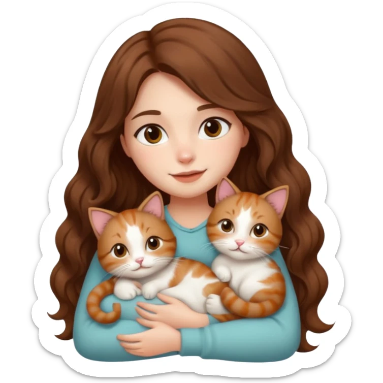 girl with long wavy brown hair cuddling with 6 cute cats sticker