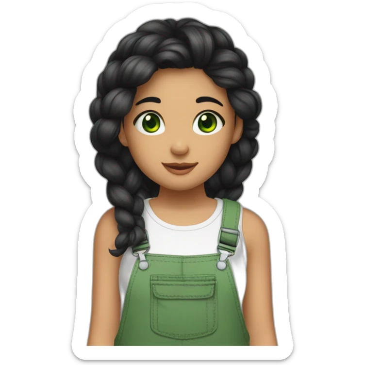 A girl with green eyes and black hair with a braid and wearing a tank top with overalls and flip flops and beside her a pet sticker
