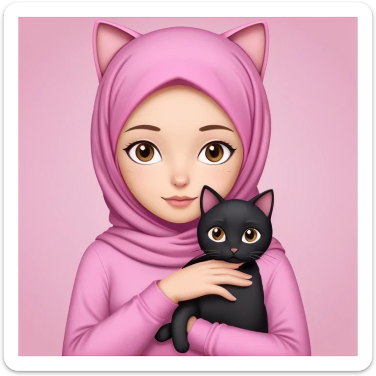 Pretty woman brown eyes white girl with pink hijab and cute long sleeve top holding a black cat sticker