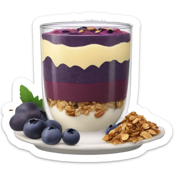 Açaí in a clear cup with layers of fruits and granola and condensed milk sticker