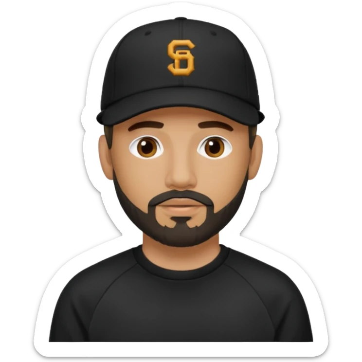 Hombre con la cara oculta, con barba fina y perilla, gorra negra de baseball bordada con un 08, y sudadera negra sticker