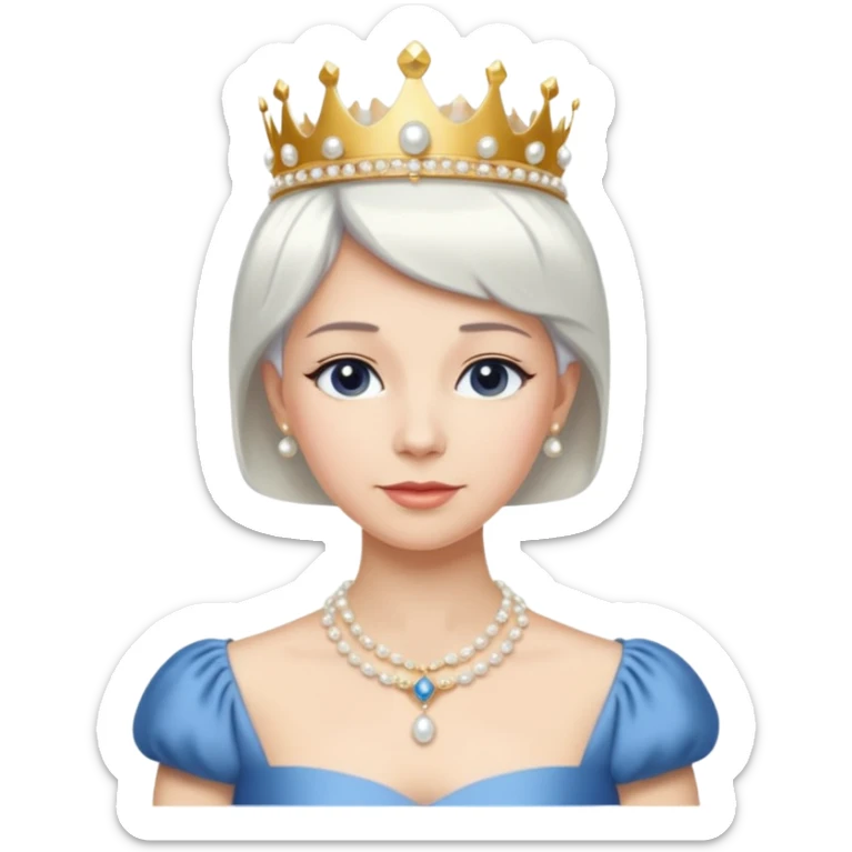 Queen with white short hair – gold tiara, pearl necklace, elegant gown, blue dress sticker