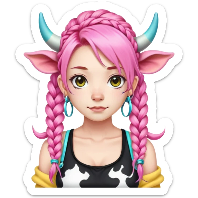 En anime-ku-jente med to rosa lange tykke fletter og cyan striper i håret, ku-horn og ku-ører, sort BH-topp over en gul cropped-fleece-blouse sticker
