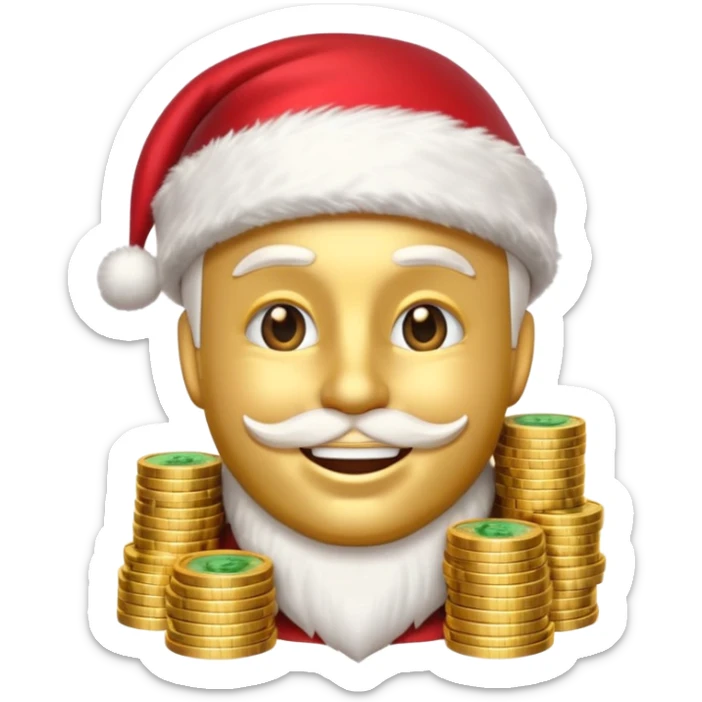 A confident rich emoji face wearing a Santa hat, money stacks, casino vibe, New Year theme, premium 3D emoji style, sharp details, no t sticker