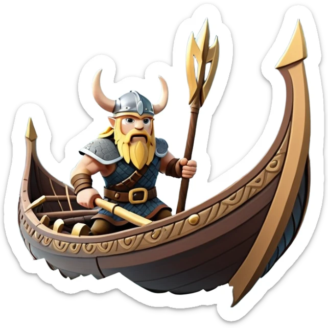 clash-of-clans-aesthetic_-cinematic-viking-longboat, rendered in a flat, bold vector style with minimal shading, featuring a striking dragon-headed prow slicing through icy, churning waters. shields on the side and vikings rowing The longboat’s intricately detailed shields and carved motifs evoke a sense of epic adventure and Nordic might, with billowing sails catching a dramatic, stormy sky backdrop. sticker