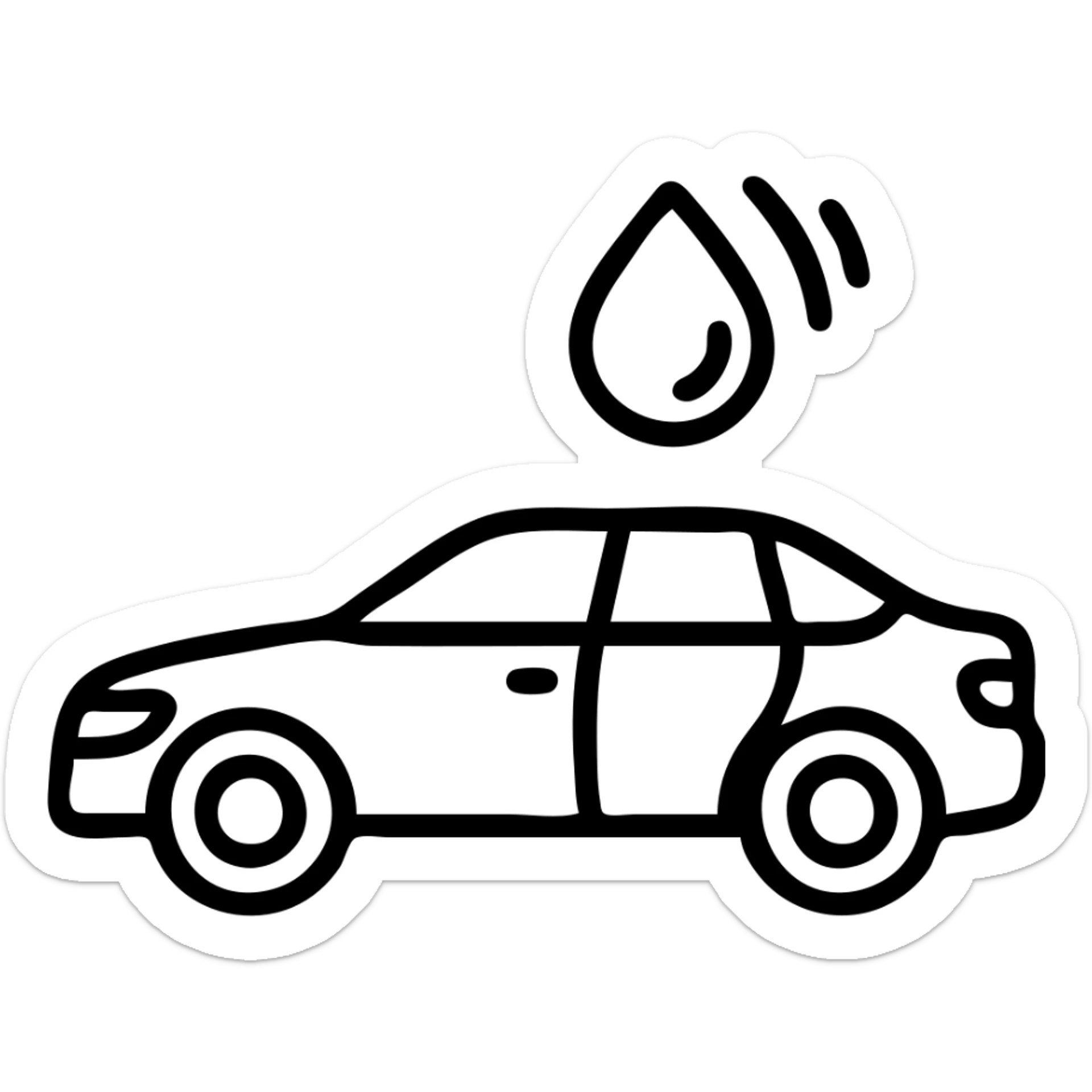 outlined icon of a full premium vehicle with glossy black paint, strong mirror-like shine and reflections, water droplet sliding on the hood or roof, clean lines, subtle repellent effect, modern and simple sticker