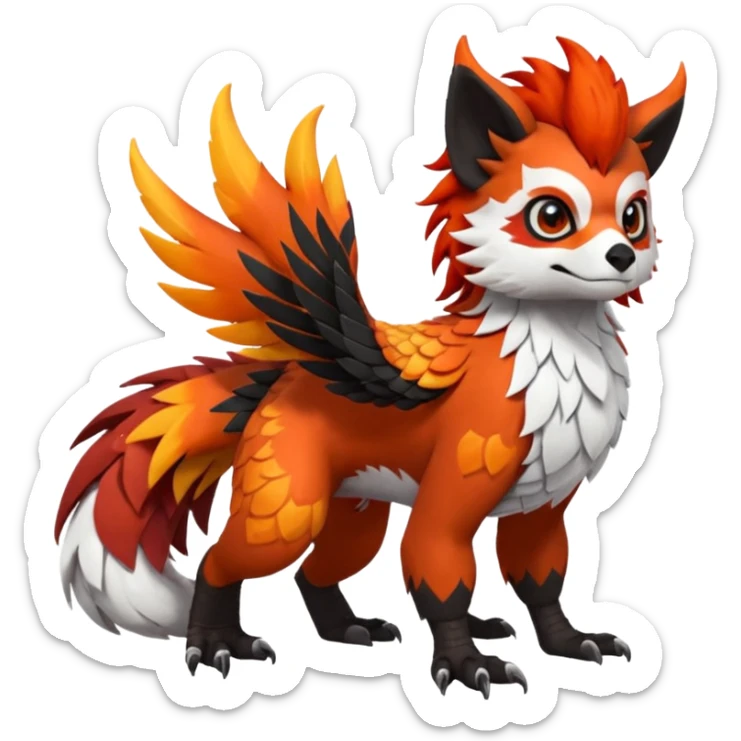 4-legged scaly Gryphon-Talonflame-Red-Panda-Silvally-fusion-hybrid-animal-Fakémon-creature, full body, with a tufted tail sticker