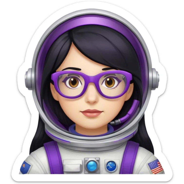 female astronaut with long black hair brown eyes and purple glasses sticker