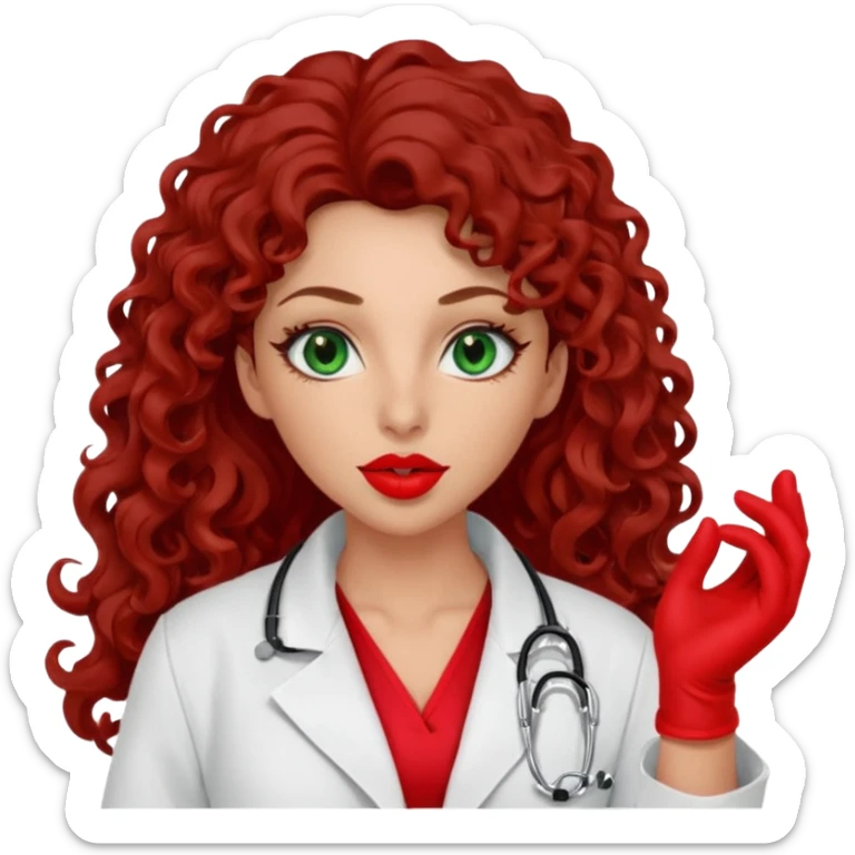 Lilith symbol sexy evil woman. She has green eyes.  had brown long curly hair.  evil surgeon kills with scalpel wears red sexy doctor coat with red mouth cover red gloves. Covers nose, neck  and mouth with Muslim red berka sticker