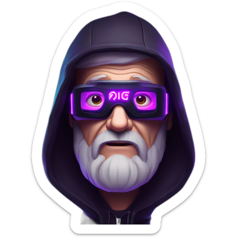 Russian old man wearing a black hoodie with "OMG" letters on it and VR headset in a cyberpunk VR environment with violet neon lighting. sticker