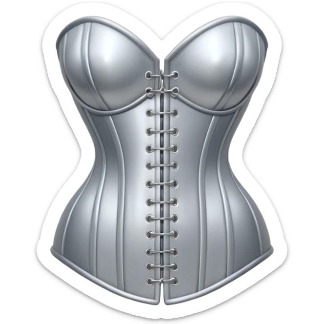 A luxury corset emoji made of silver chrome, smooth metallic curves, minimal fashion silhouette, glossy reflections, sensual high-end aesthetic, iOS emoji style, centered, clean white background sticker