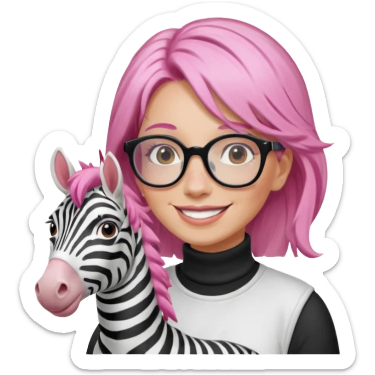 create a emoji of my friend camilla: she wears  white glasses and she has brown hair, make it pink. She loves horses and zebras sticker