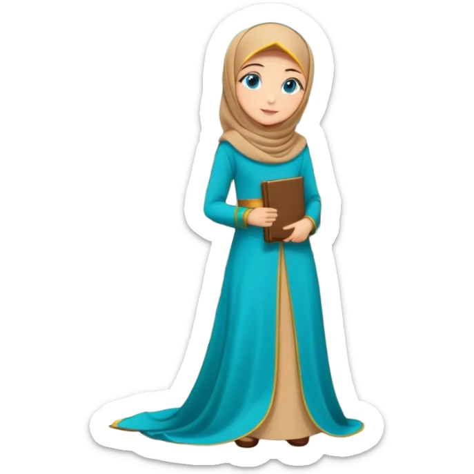 Turkish beautiful finish Konya girl blue eyes with gold hijab and islamic long tailed turquoise dress on the ground at her home garden and had on her hand text Eid Mubarak  sticker