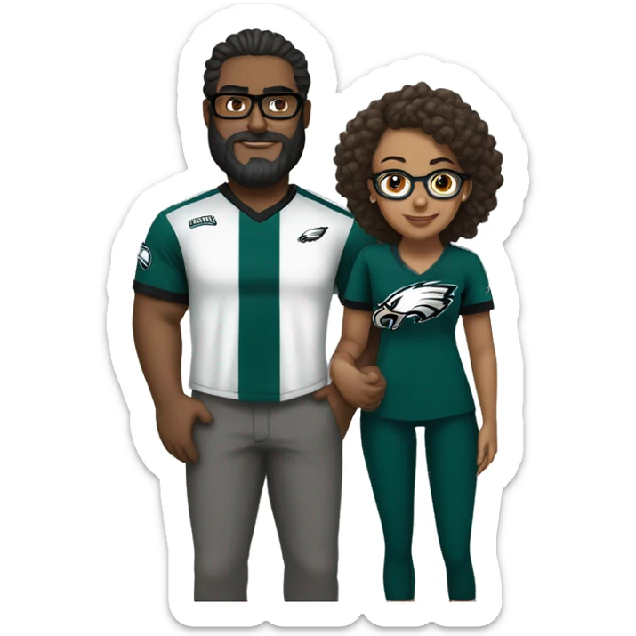 Heavy Brown guy no glasses with beard mustache and brown girl with glasses and her hair in a bun in Philadelphia eagles clothes holding hands sticker