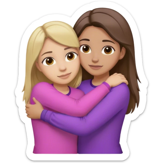 2 girls hugging one with brown hair and blonde highlights in a purple shirt hair and one with dark hair in a pink shirt sticker