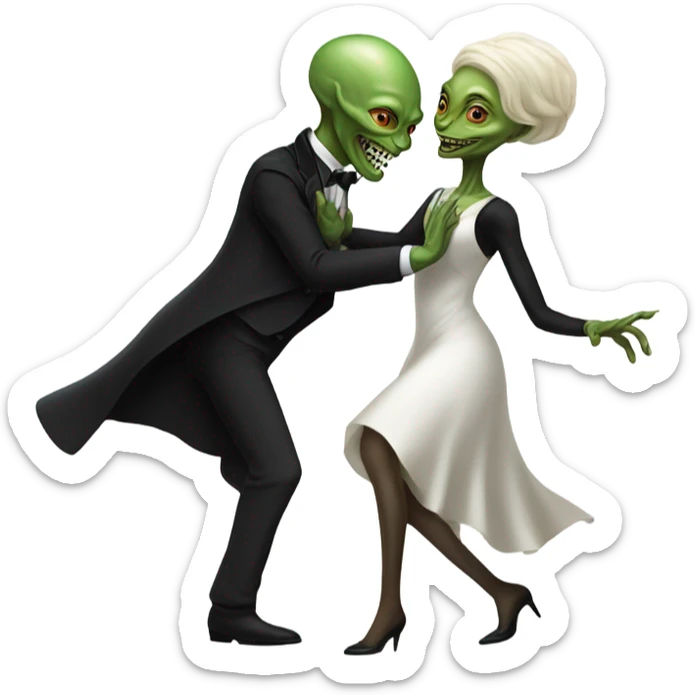  a Reptilian alien woman, in white dress, dance with a human man in frack sticker