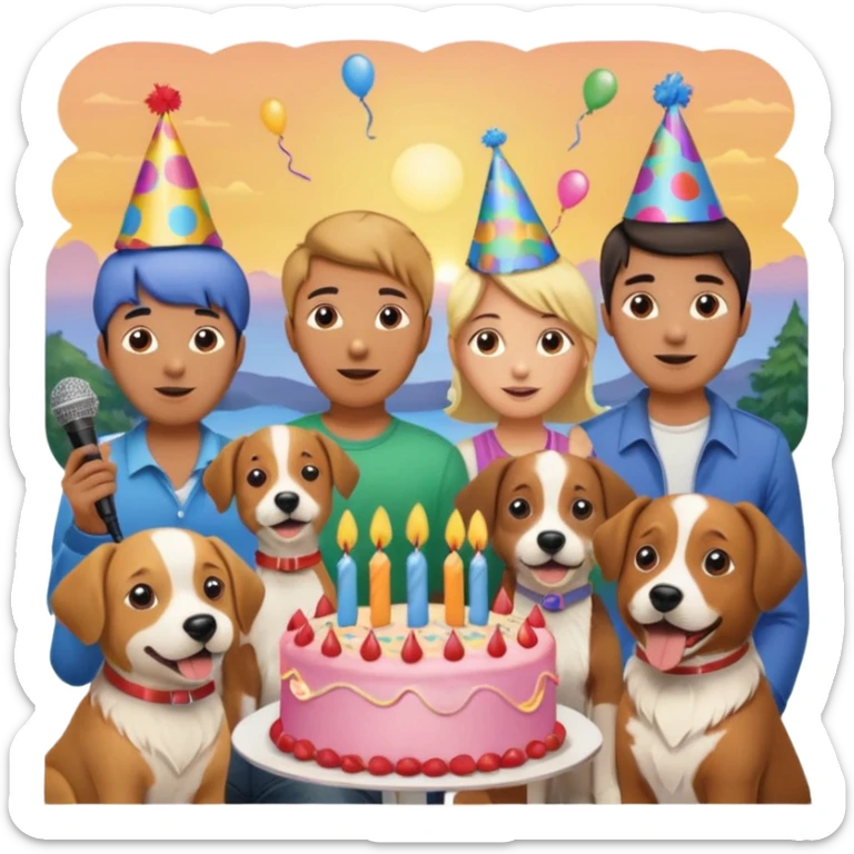 celebration birthday with a dog and watching sunset with many peoples with a birthday cake and mike a wish man peoples at home sticker