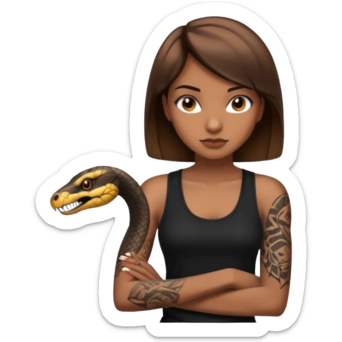 Femme brune yeux marron avec une coupe carré noir qui descend sur l'épaule , femme couleur de peau typé, avec un cobra a côté , débardeur noir , avec un tatouage sur le bras droit sticker