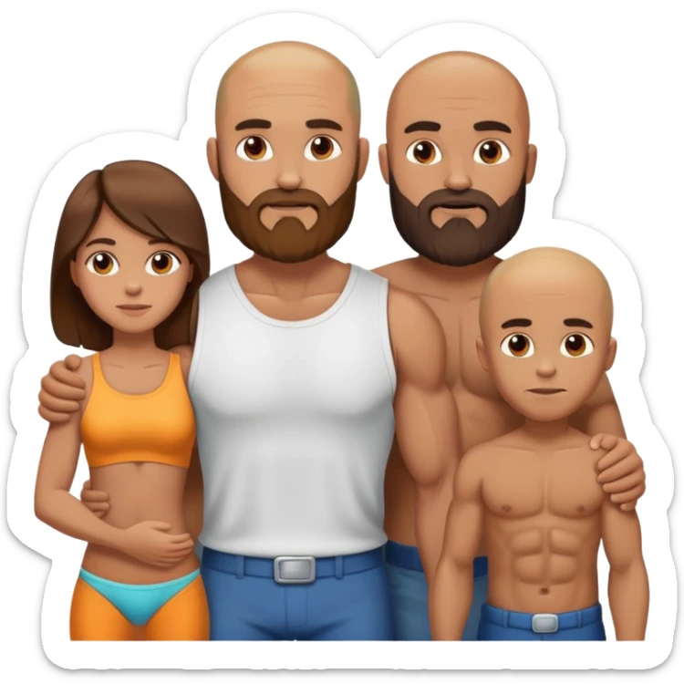 Muscular Bald beard man with his hot wife long brown hair and 3 boys sticker