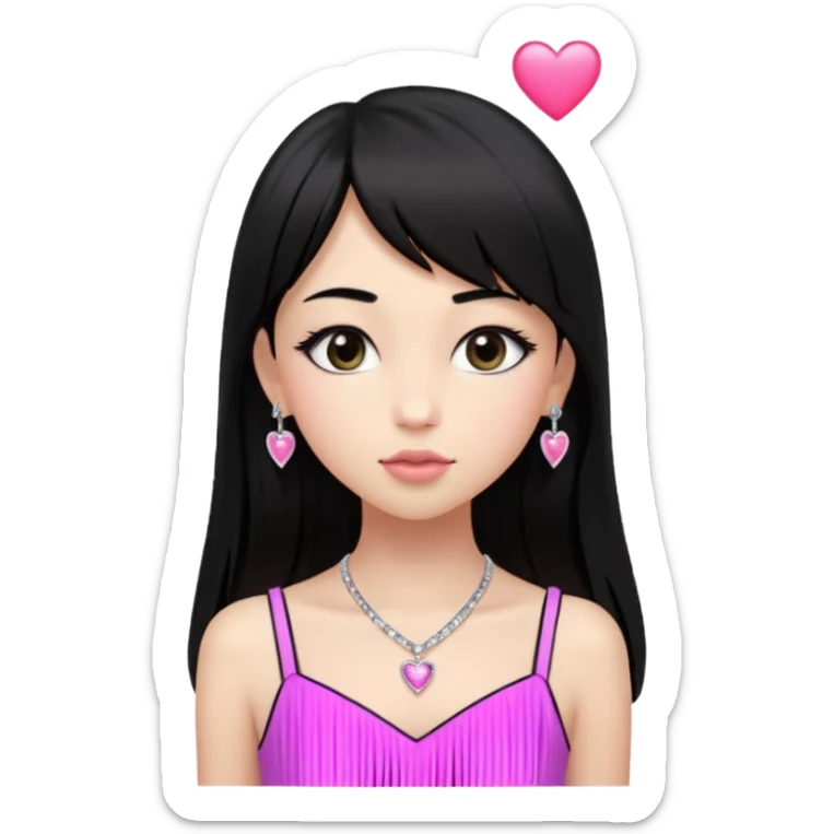 Cabelos pretos longos lisos ,com franja curvada .olhos pretos puxadinho para cima. Cílios longos curvados. Pele clara ,nariz pequeno ,lábios carnudos ,adolescente 16 anos ,vestido rosa de alça, colar de coração prata ,brinco de diamante sticker