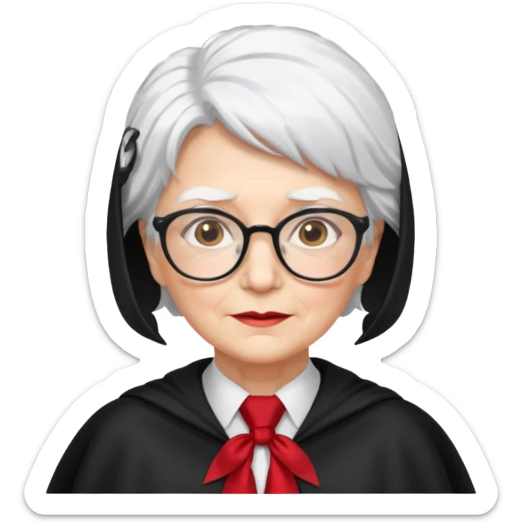 An older woman with glasses and white hair, in a red tie and black cape sticker