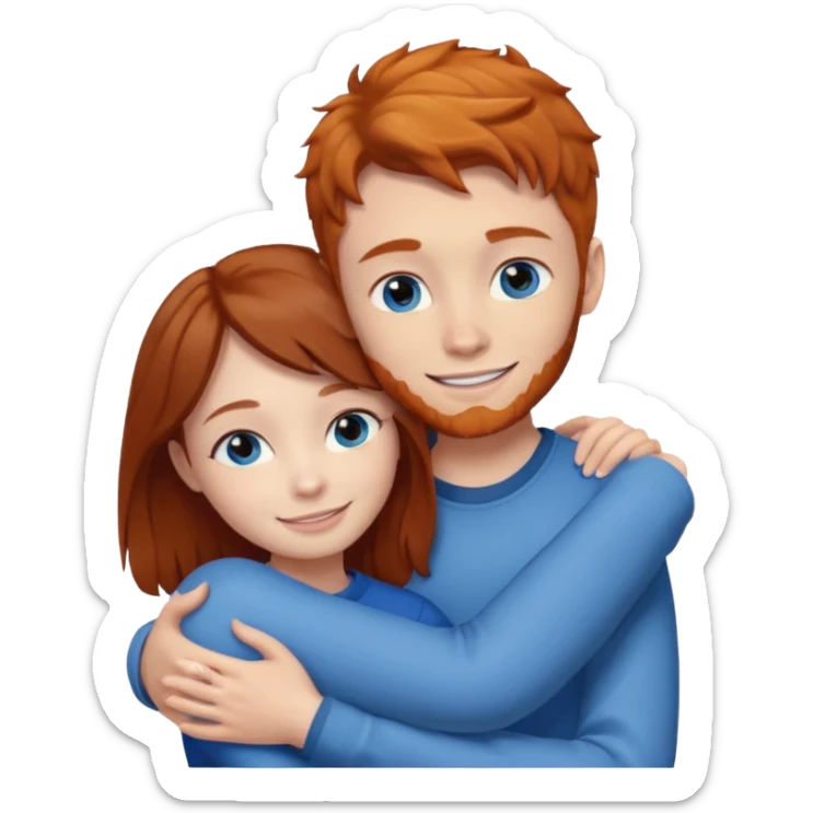 Ginger boy without facial hair hugging girl with dark brown hair. Both have blue eyes.  sticker