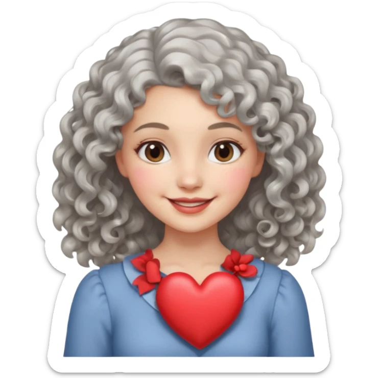 silvery curly/wavy shoulder-length hair smiling lady holding a heart less hair sticker