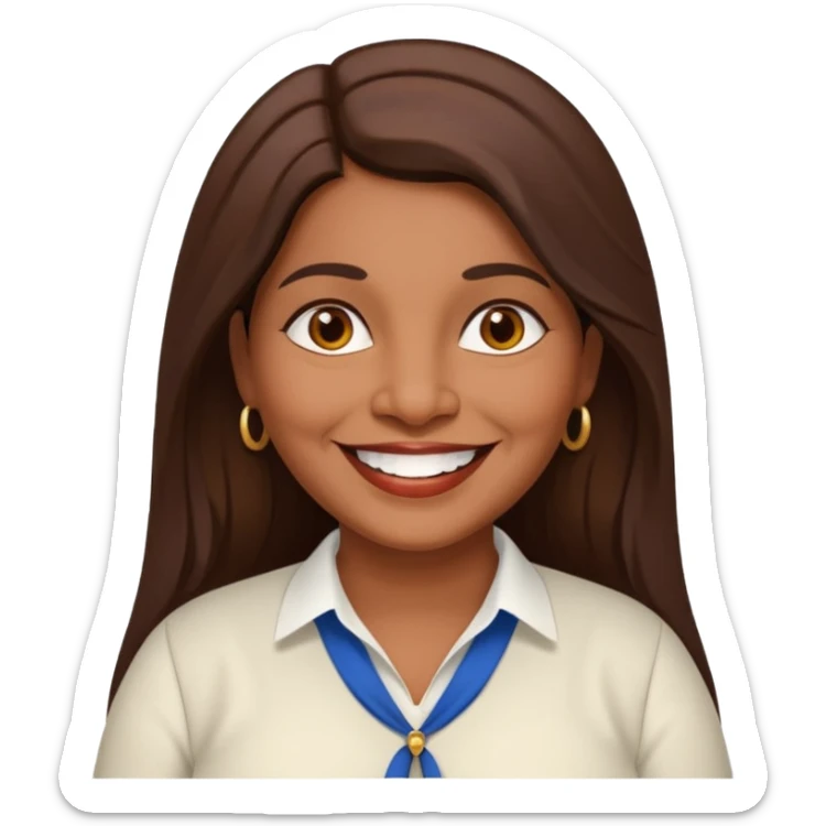 50 yr old chubby Sri Lankan woman, dark skin, straight brown hair, big smile, white teeth, european clothes, longer hair sticker