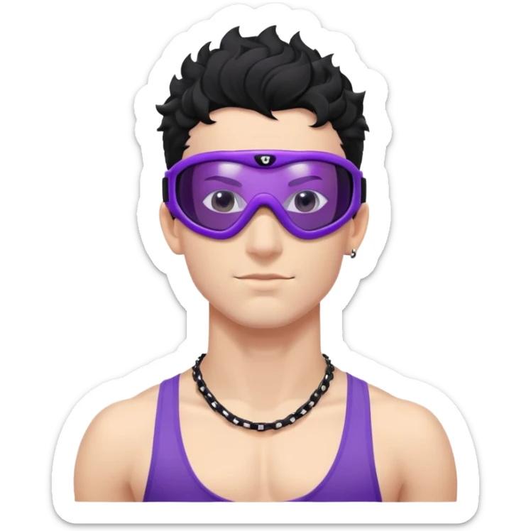 shirtless male athlete with white skin and moderately curly black hair on top with shaved sides, wearing purple ski goggles with black tinted lenses, and a simple plain black chain necklace, no earrings sticker