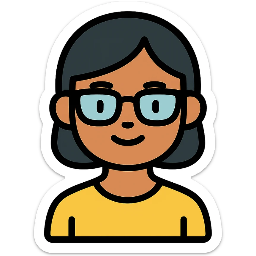 Asian girl with tan skin, short black hair, and glasses, color outline icon sticker