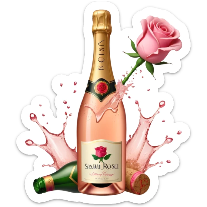 bottle of sparkling rosé champagne with a rose logo on the label, with the cork exploding out from the top, tilted up and to the left, no glass sticker