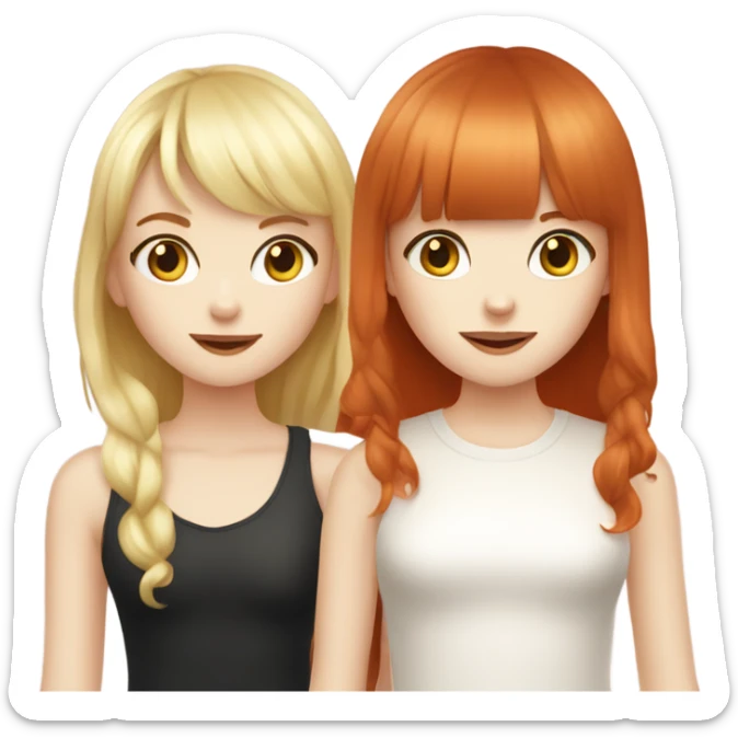 Pale skin Red head girl with bangs and pale skin blonde girl with bangs best friends holding hands sticker