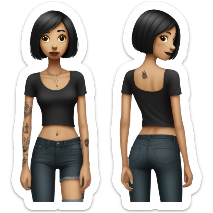 skinny girl with bob haircut smoking cigarette, she is wearing black t-shirt and has lotus tattoo on her shoulder sticker