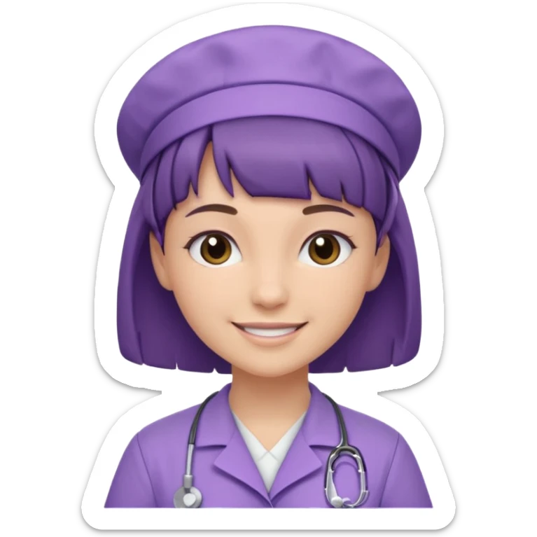 A young female slim nurse with short Brown hair with fringe over her forehead, wearing larvendar purple working cloth sticker