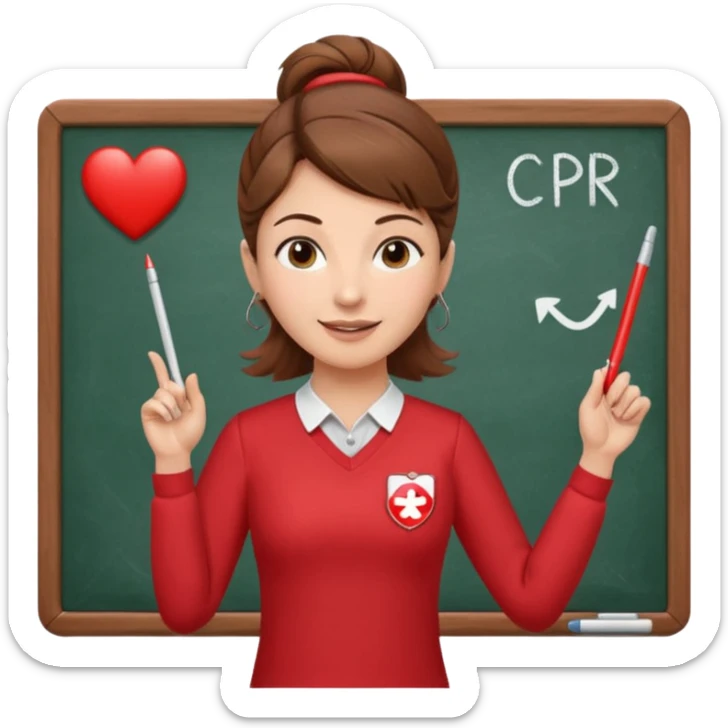 very Happy Teacher, female, brown hair up, wearing a red long sleeve top holding a pointer stick to a white board with a CPR logo. sticker