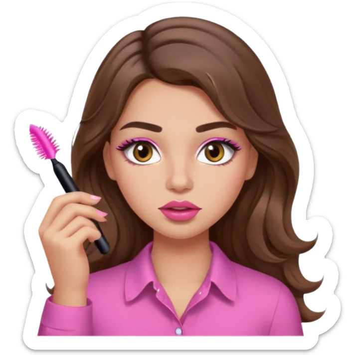 girl with long wavy brown hair, brown eyes, light to medium complexion, in a pink shirt, pink lips, long lashes, puckered lips, putting on mascara sticker