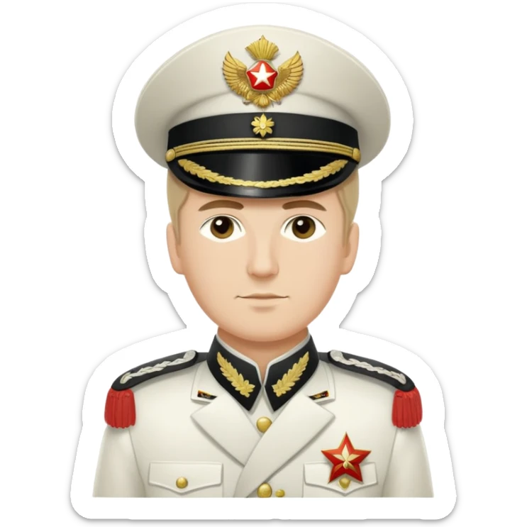 White Army officer from Russian Civil War with white uniform, epaulettes, and traditional military cap sticker