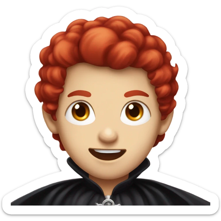a vampire boy with red hair, fangs and red eyes, wearing stand-up collar cape sticker