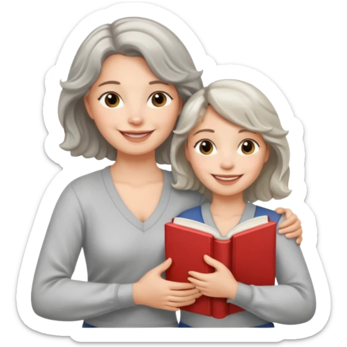 Silver hair, wavy/curly hair chin-length lady giving hug with 2 arms,  v-neck and smiling, add a favorite book sticker