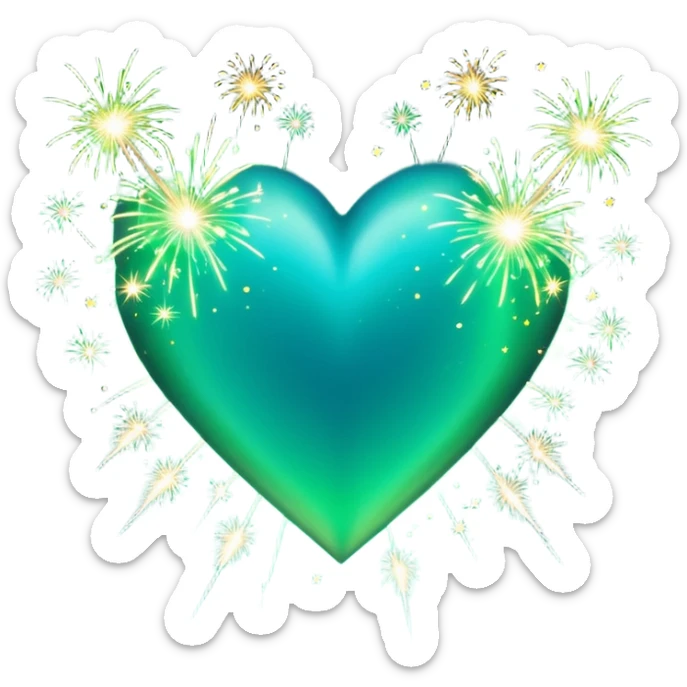 emoji: teal and neon green gradient heart with sparklers and firework confetti from behind. sticker