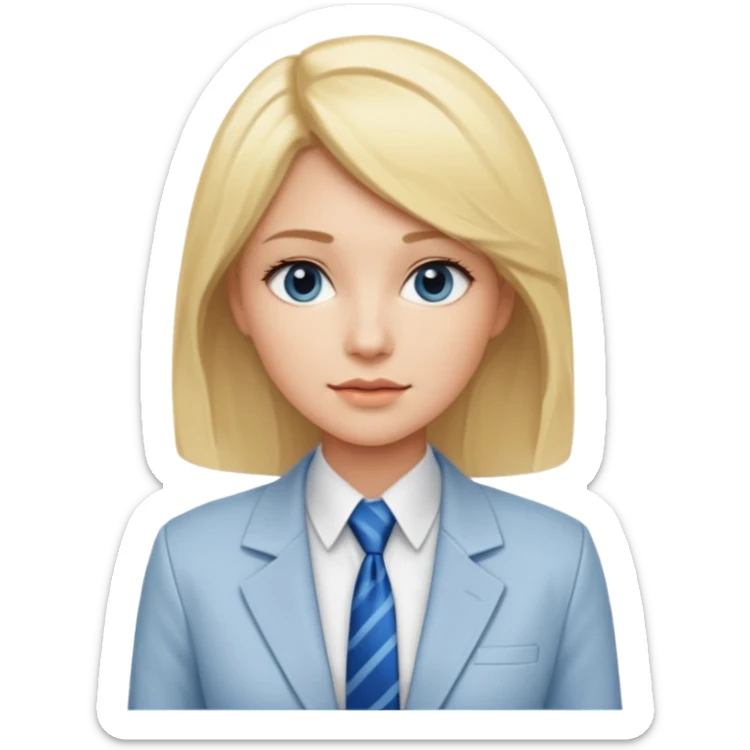 une femme blonde jolie avec des jolies traits avec une chemise blanche et une veste a manche longues et cravate bleu sticker