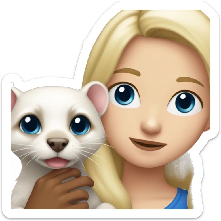 Blonde girl with blue eyes holding in hands a male old ferret who has black eyes  sticker